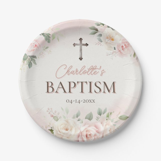 Assiettes En Carton Plaque Baptême personnalisée - Rose Favoriser les  (Devant)