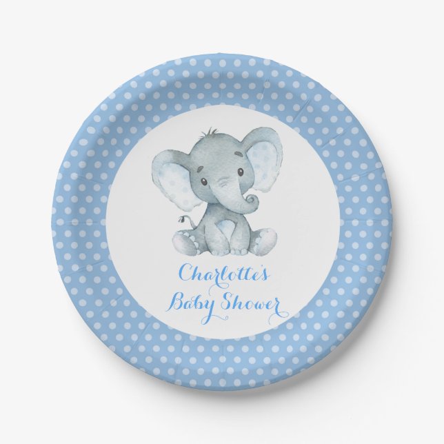 Assiettes En Carton Plaque Boy Elephant Baby shower Blue Party 7" (Devant)