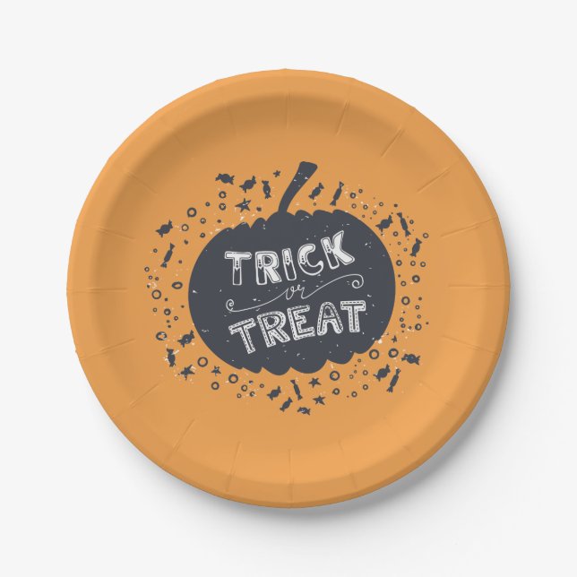 Assiettes En Carton Plaque Citrouille Halloween ou traitement (Devant)