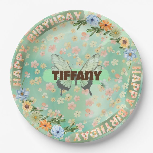 Assiettes En Carton Plaque d'anniversaire Flower & Butfly (Devant)