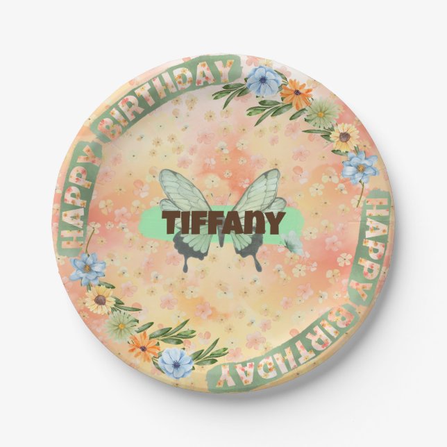 Assiettes En Carton Plaque d'anniversaire Flower & Butfly (Devant)