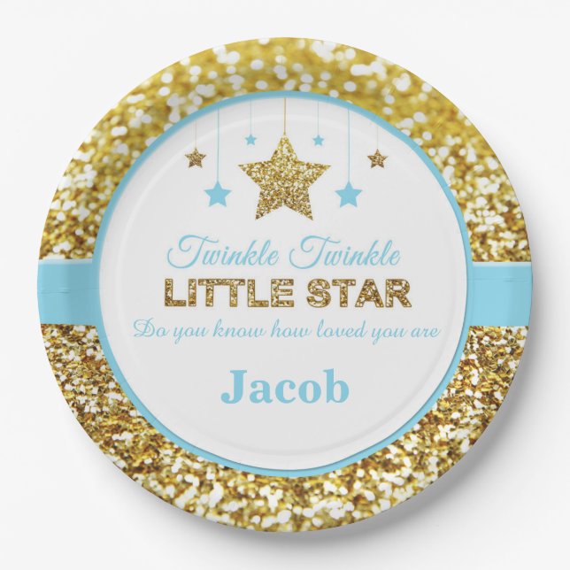 Assiettes En Carton Plaque de baby shower bleu étoile scintillante (Devant)