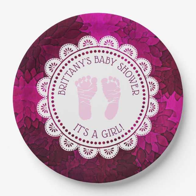 Assiettes En Carton Plaque de Baby shower de la fille Magenta personna (Devant)