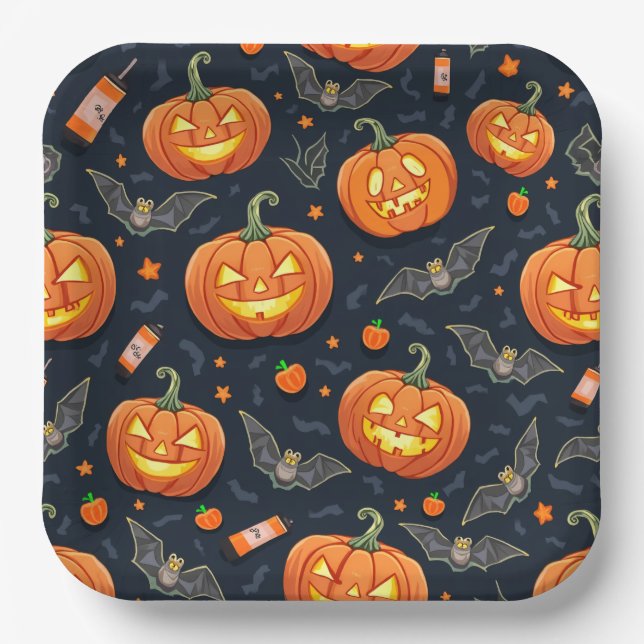Assiettes En Carton Plaque de carré de pomme d'Halloween (Recto)