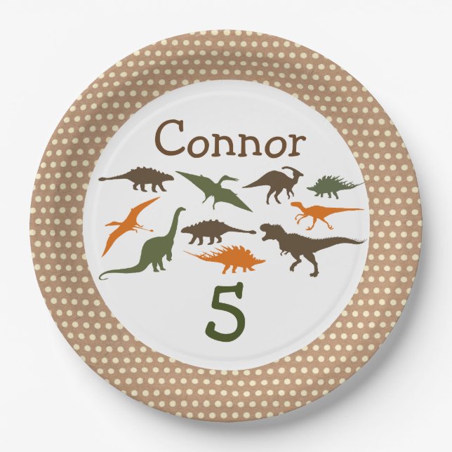 Assiettes En Carton Plaque de dinosaure, personnalisée (Devant)
