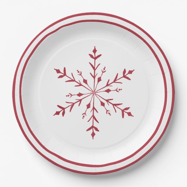 Assiettes En Carton Plaque de fête de Noël Red Snowflake (Devant)