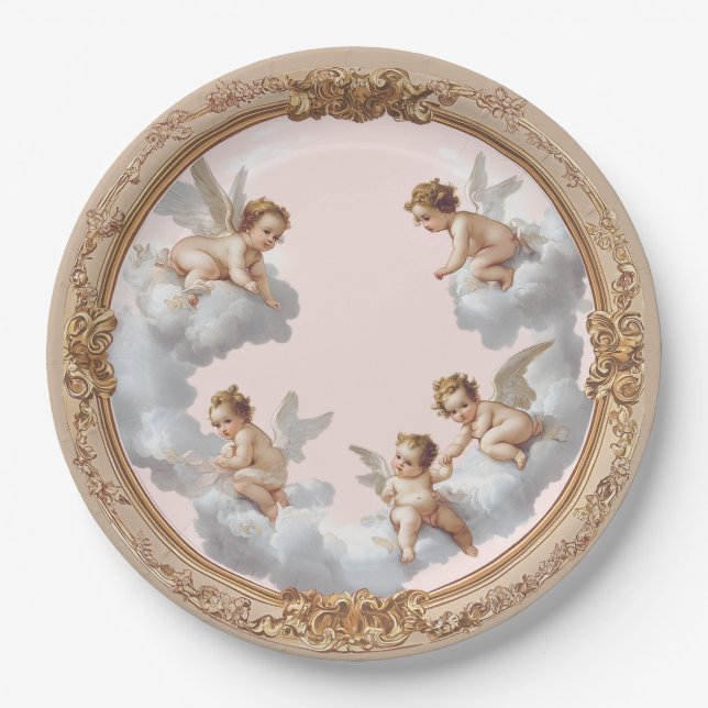 Assiettes En Carton Plaque de fête Rococo Cherub Rose Cloud (Devant)