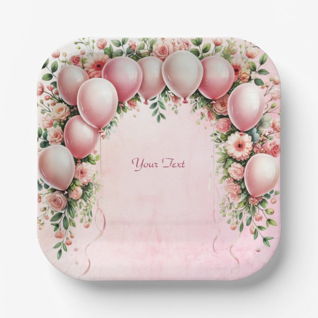 Assiettes En Carton Plaque de papier à ballons roses (Recto)