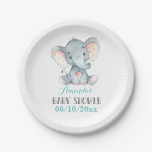 Assiettes En Carton Plaque de papier Baby shower Aqua pour éléphant