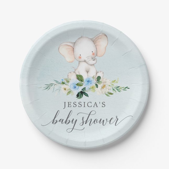 Assiettes En Carton Plaque de papier Baby shower bleu éléphant (Devant)
