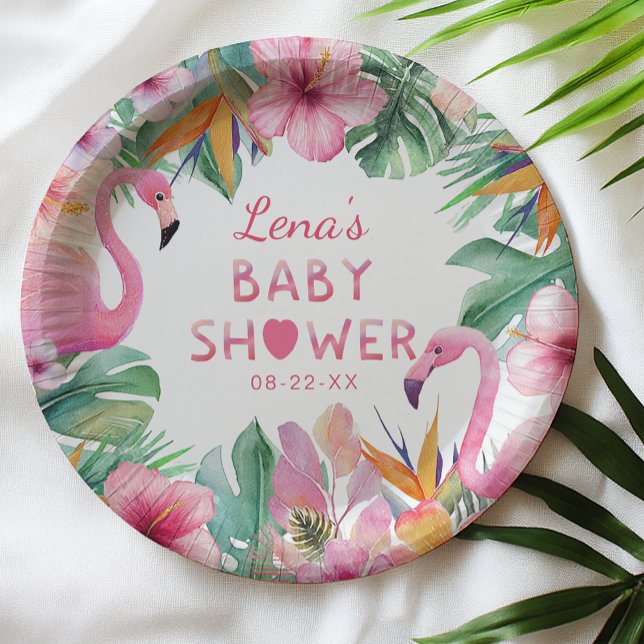Assiettes En Carton Plaque de papier Baby shower de Flamant rose tropi (Tropical Baby Shower Paper Plates)