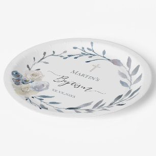 Assiettes En Carton Plaque de papier Baptême bleu couronne