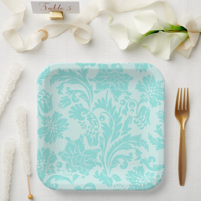Assiettes En Carton Plaque de papier damassé turquoise (Mariage)