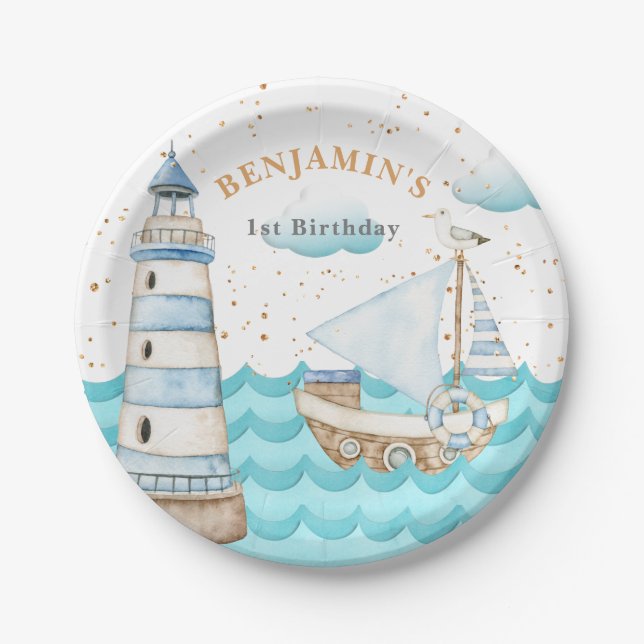 Assiettes En Carton Plaque de papier d'anniversaire du phare nautique (Devant)