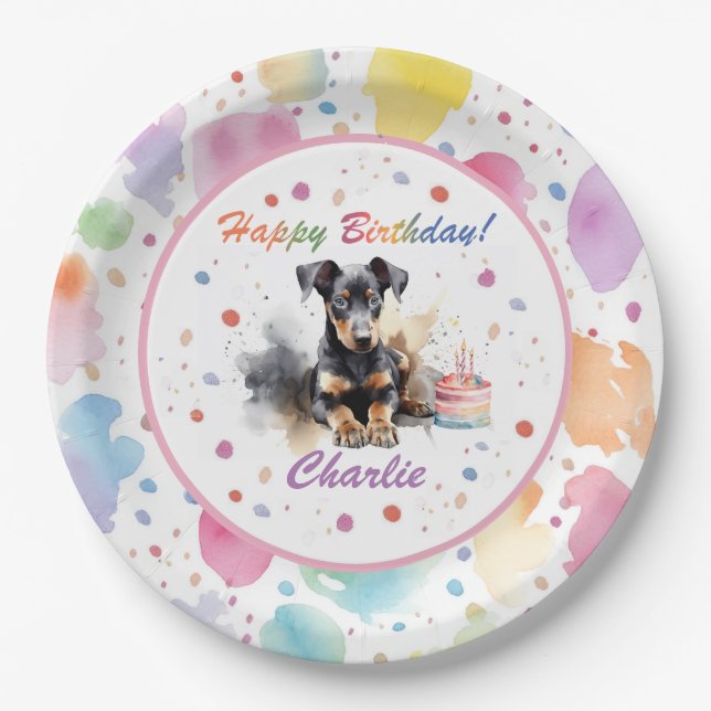 Assiettes En Carton Plaque de papier d'aquarelle Doberman Pinscher (Devant)