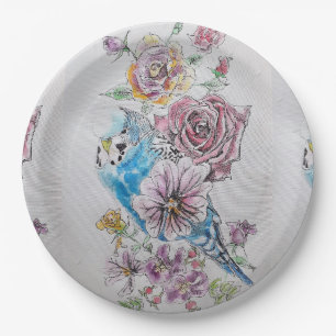 Assiettes En Carton Plaque de papier d'art Blue Budgie & Roses