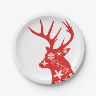 Assiettes En Carton Plaque de papier de cerf de Noël rouge et blanc