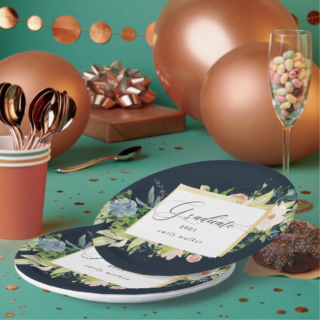 Assiettes En Carton Plaque de papier de finition florale bleu nuit (Multi)