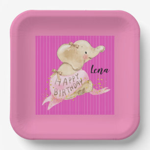 Assiettes En Carton Plaque de papier Elephant d'anniversaire en rose