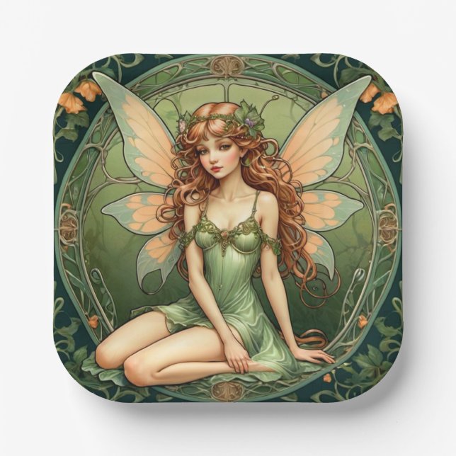 Assiettes En Carton Plaque de papier laqué vert Art Nouveau (Recto)