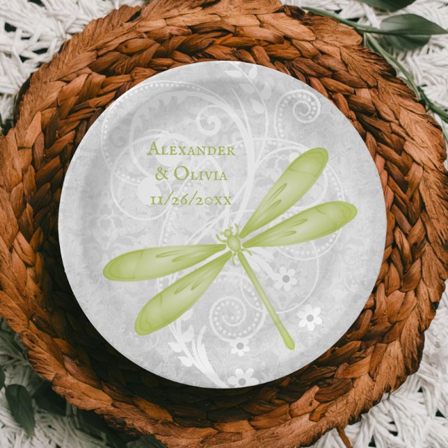 Assiettes En Carton Plaque de papier Mariage de libellules vertes (Green Dragonfly Wedding Paper Plate)