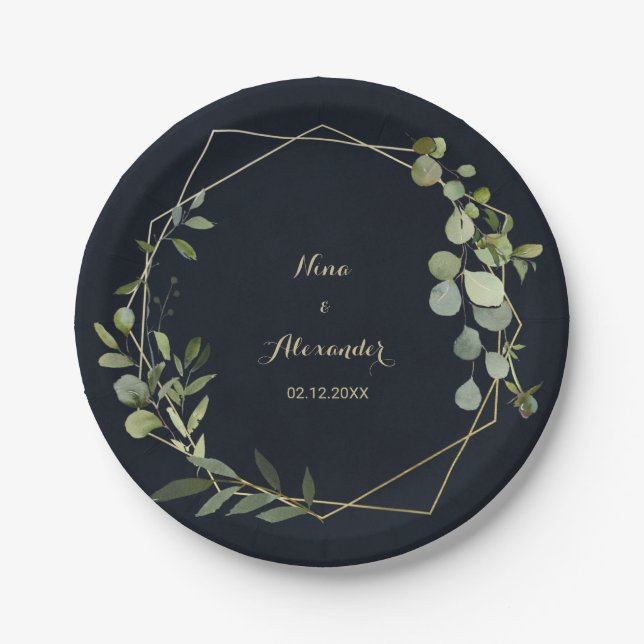 Assiettes En Carton Plaque de papier Mariage vert bleu or géométrique (Devant)
