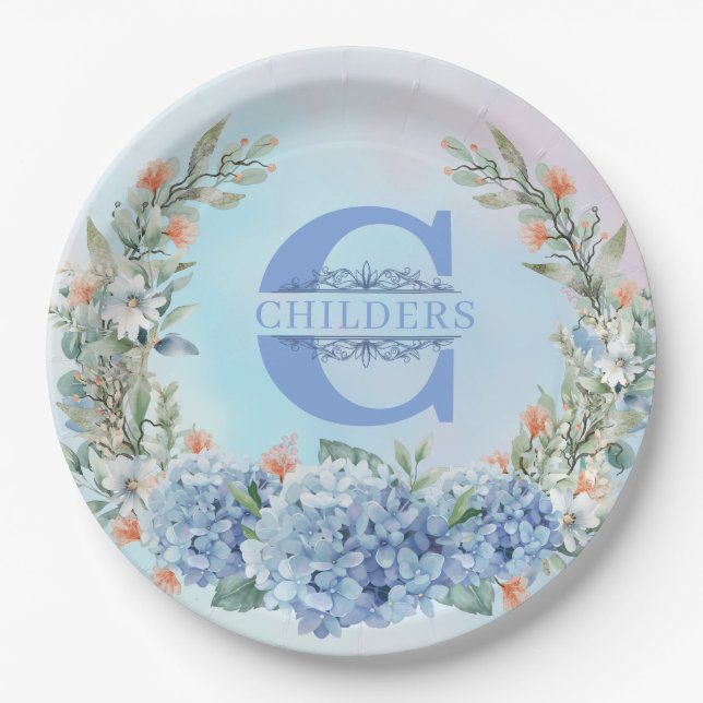 Assiettes En Carton Plaque de papier Monogram Blue Hydrangea (Devant)