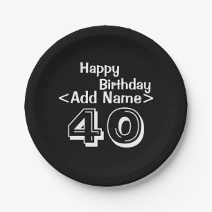 Assiettes En Carton Plaque de papier personnalisée Black 40th Birthda