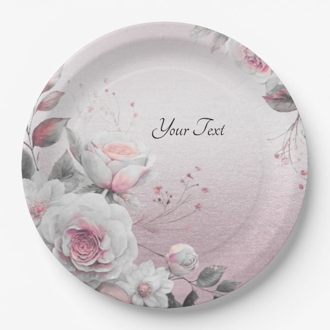 Assiettes En Carton Plaque de papier rose blanc à fleurs (Devant)
