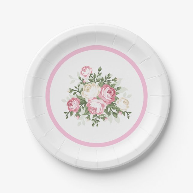Assiettes En Carton Plaque de papier rose Roses (Devant)
