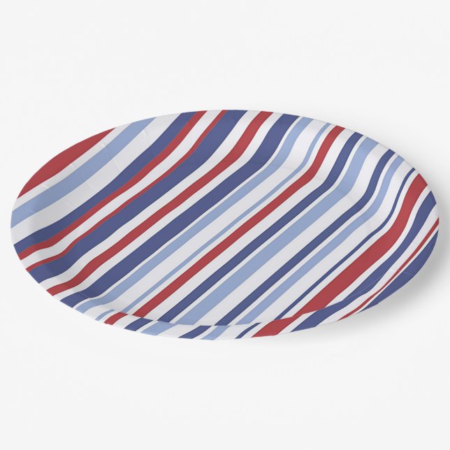 Assiettes En Carton Plaque de papier rouge blanc rayé bleu (Angle)