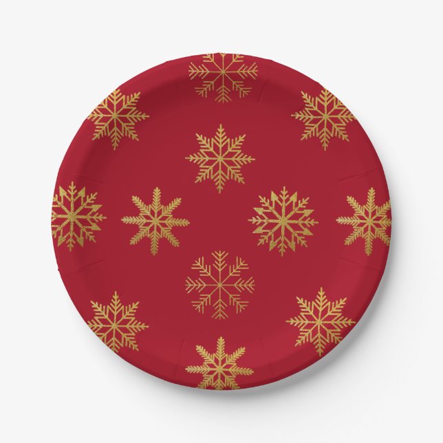 Assiettes En Carton Plaque de papier rouge Motif Gold Snowflakes (Devant)