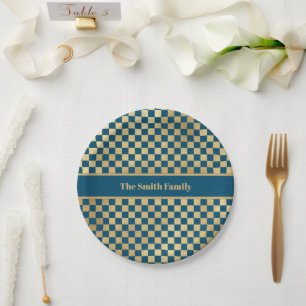 Assiettes En Carton Plaque en papier À damiers or bleu