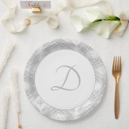 Assiettes En Carton Plaque en papier argent monogramme Faux-Satin
