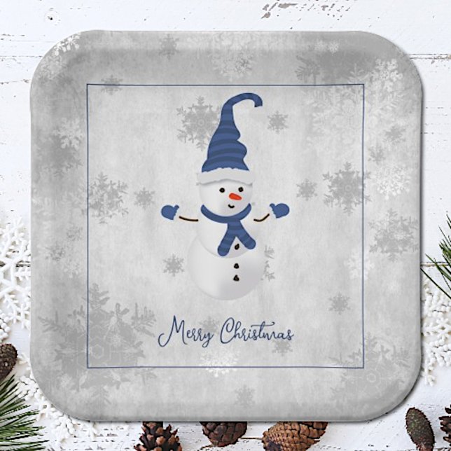 Assiettes En Carton Plaque en papier bleu mûre Snowman (Blue Cute Snowman Christmas Paper Plates)