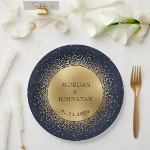 Assiettes En Carton Plaque en papier bleu nuit blanche dorée