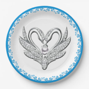 Assiettes En Carton Plaque en papier Bleu Ruban Cygnes en argent