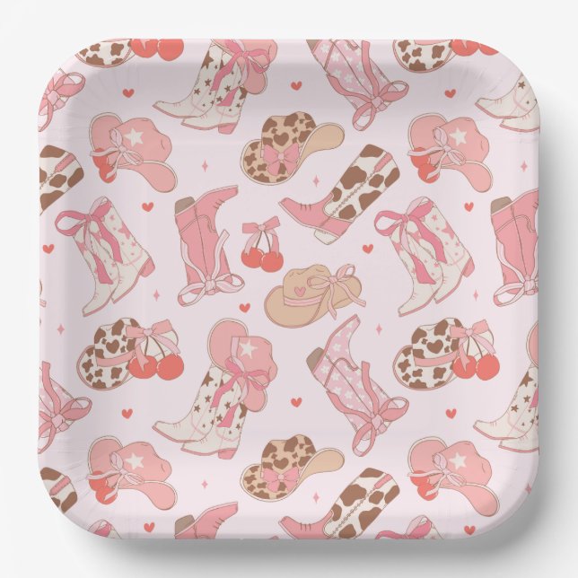 Assiettes En Carton Plaque en papier cowboy rose (Recto)