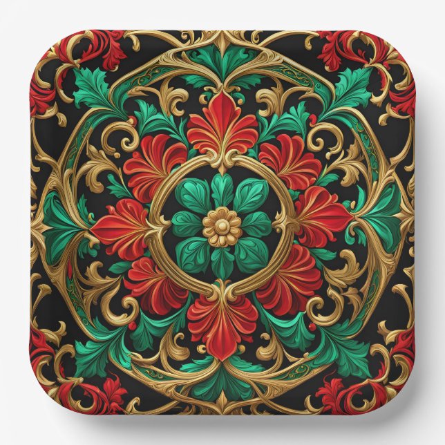Assiettes En Carton Plaque en papier de Noël rouge vert (Recto)