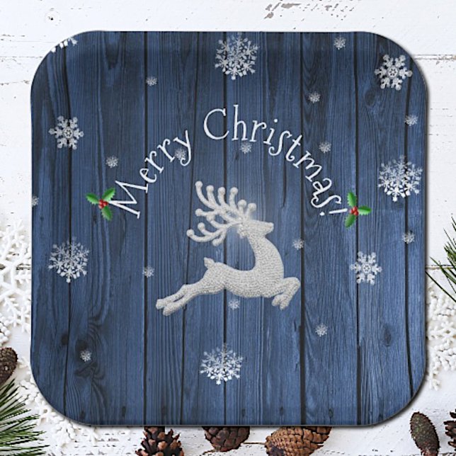 Assiettes En Carton Plaque en papier de rennes de Noël bleu rustique (Blue Rustic Christmas Reindeer Paper Plates)