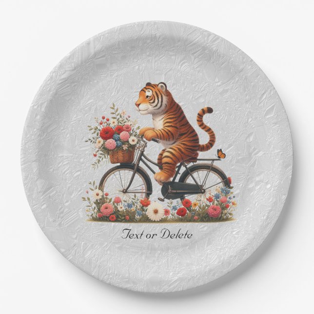 Assiettes En Carton Plaque en papier de tigre à bicyclette florale (Devant)