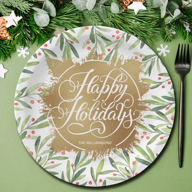 Assiettes En Carton Plaque en papier de vacances Holly Berries Gold Fa (Personalized branch and berries on gold faux foil Happy Holiday paper plates)