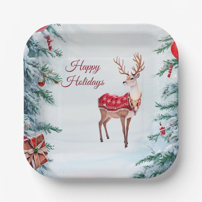 Assiettes En Carton Plaque en papier de vacances Reindeer (Recto)