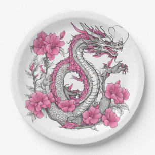 Assiettes En Carton Plaque en papier dragon à fleurs