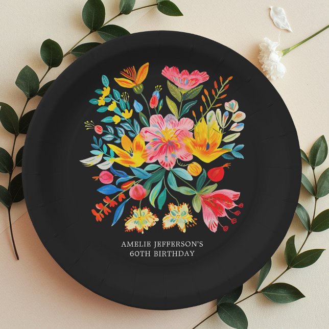 Assiettes En Carton Plaque en papier Fiesta Florale Mexicaine noire (Créateur téléchargé)