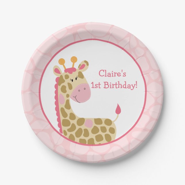 Assiettes En Carton Plaque en papier Giraffe rose avec personnalisatio (Devant)