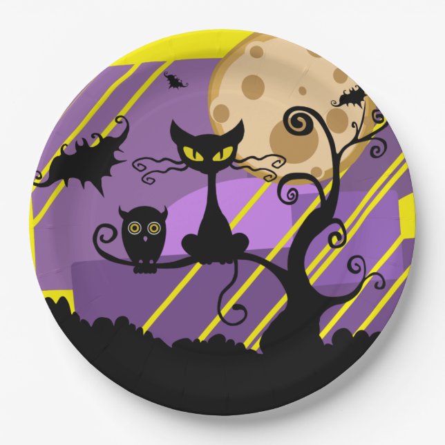 Assiettes En Carton Plaque en papier Halloween Chat & Chouette (Devant)