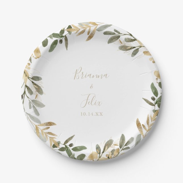 Assiettes En Carton Plaque en papier Mariage de automne Gold Greenery (Devant)