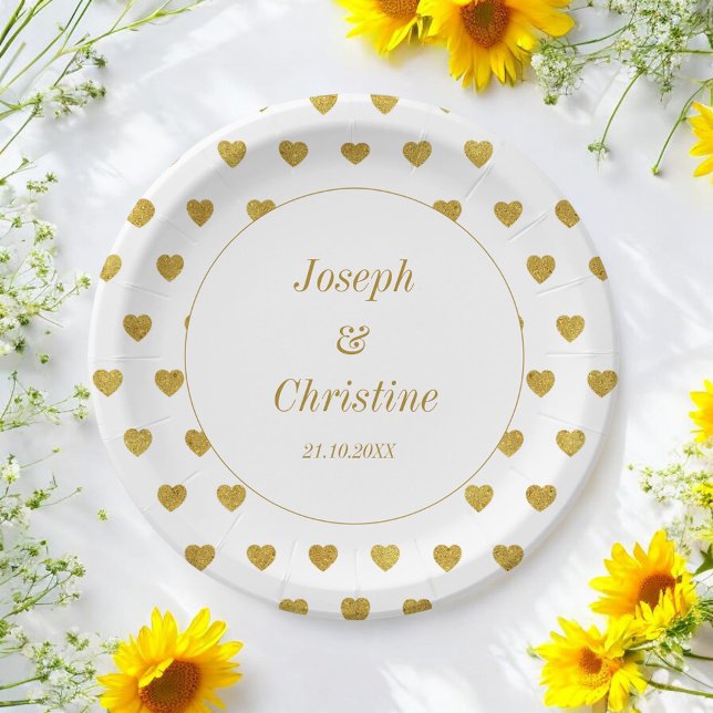 Assiettes En Carton Plaque en papier Motif Gold White Mariage Hearts (Créateur téléchargé)
