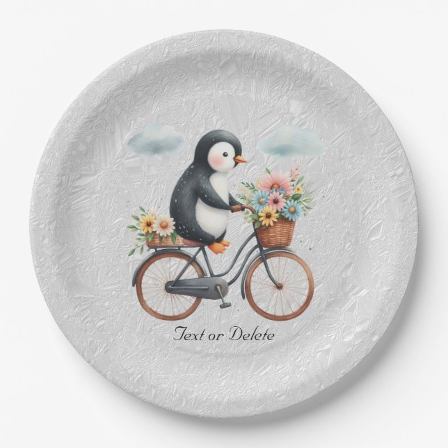 Assiettes En Carton Plaque en papier pingouin à bicyclette florale (Devant)